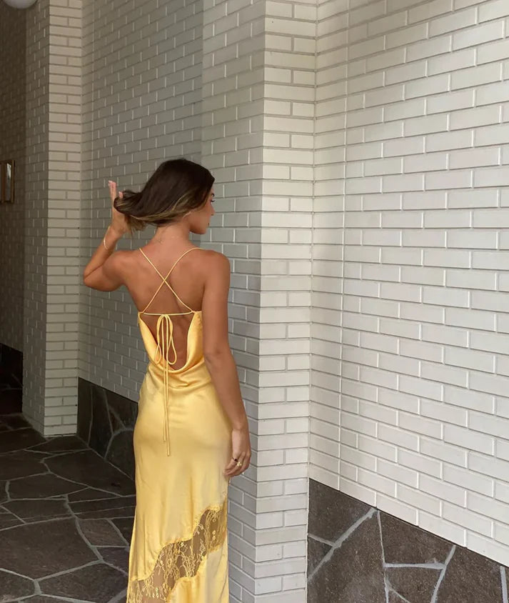 Luolandi Yellow Backless Lace Slit Party Dress Simple Wedding Guest Dress Charming